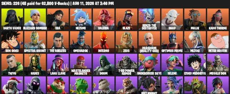 Fortnite account inventory for LVL 2875 - Darth Vader - Blizzard Bomber - 226 Outfits