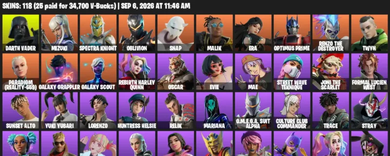 Fortnite account inventory for LVL 1378 - Darth Vader - Mizuki - 118 Outfits