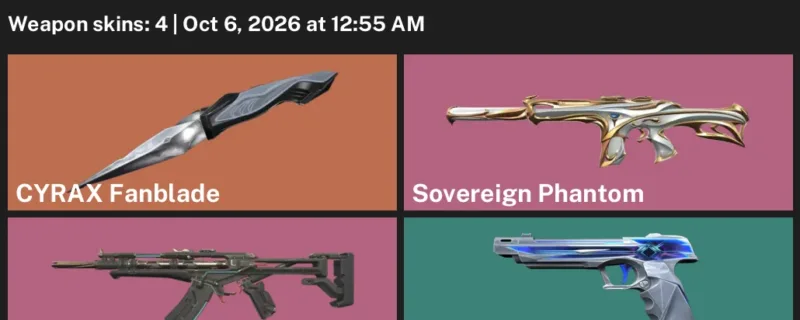 Valorant account inventory for LVL 33 · Sovereign Phantom & Cryostasis Vandal & Cyrax Fanblade