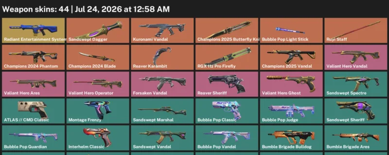 Valorant Accounts listing: LVL 134 · Champions 2024 Blade & Champions 2025 Butterfly Knife · 44 Skins - Diamond 2, 44 skins