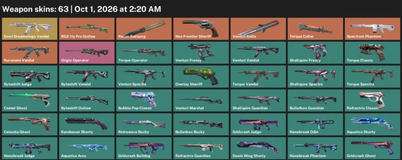 Valorant account inventory for LVL 179 · Venturi Knife & 9 Lives Phantom
