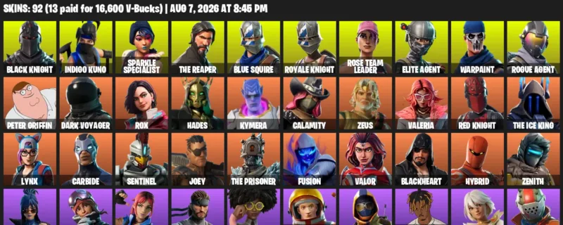 Fortnite account inventory for LVL 2098 - Black Knight - Indigo Kuno - 92 Outfits