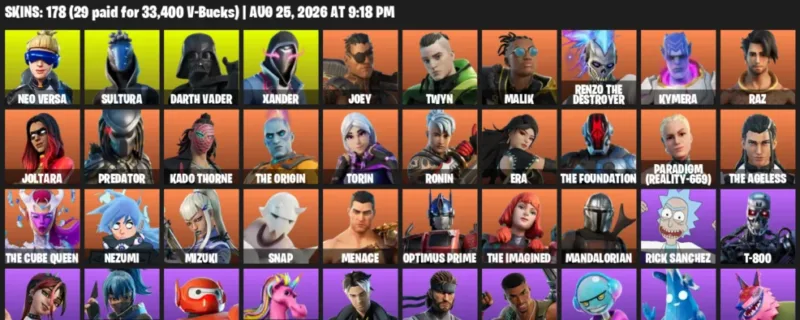 Fortnite account inventory for LVL 3395 - Neo Versa - Sultura - 178 Outfits