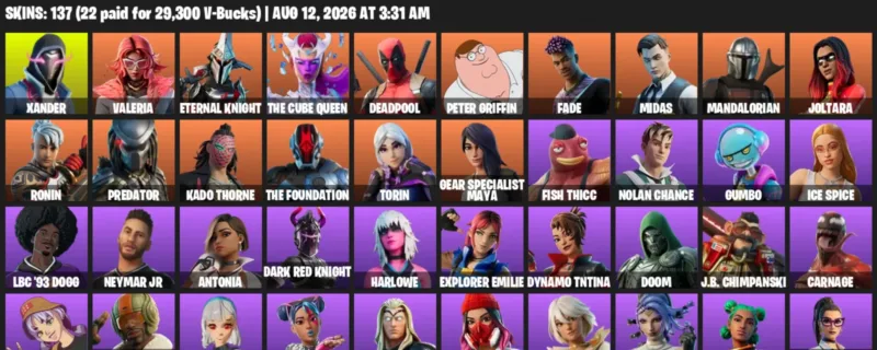 Fortnite account inventory for LVL 2056 - Xander - Valeria - 137 Outfits