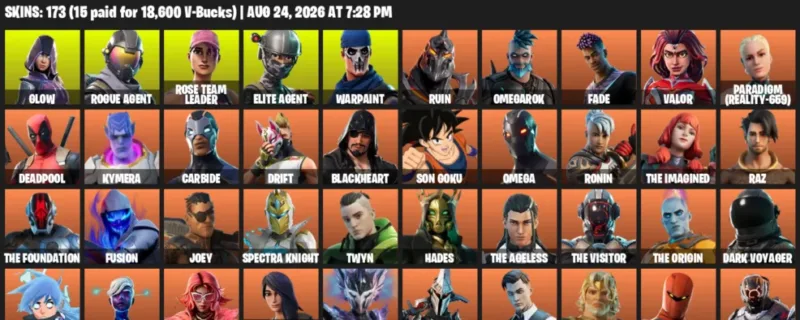 Fortnite account inventory for LVL 2917 - Glow - Rogue Agent - 173 Outfits