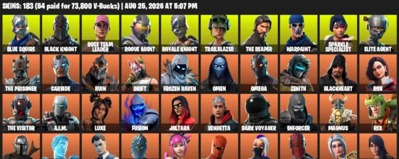 Fortnite account inventory for LVL 2113 - Blue Squire - Black Knight - 183 Outfits