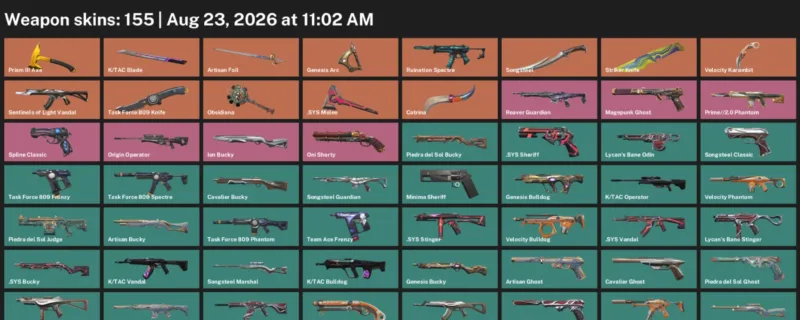 Valorant account inventory for LVL 174 · Velocity Karambit & Tac Blade