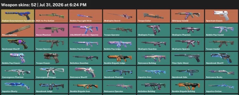 Valorant account inventory for LVL 189 · Aquatica Ares & Aquatica Outlaw