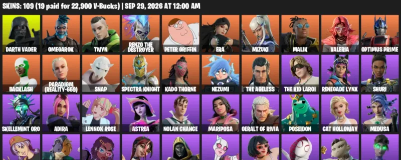 Fortnite account inventory for Darth Vader - Omegarok - 109 Outfits