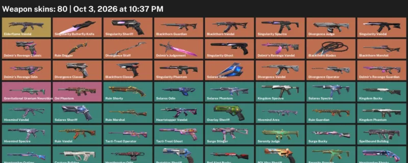 Valorant account inventory for LVL 139 · 80 Skins Ruin Dagger & Singularity Butterfly Knife