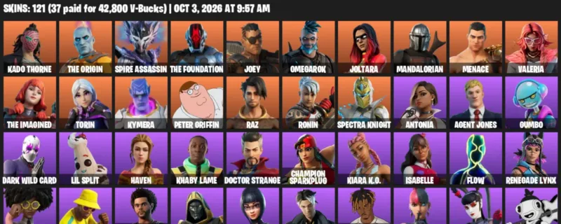 Fortnite account inventory for Kado Thorne - The Origin - 120 Outfits