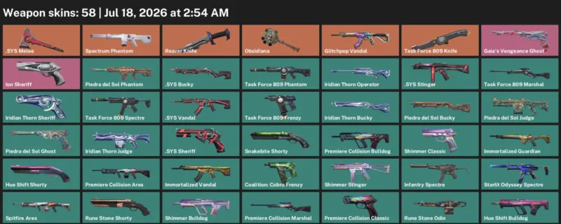 Valorant Accounts listing: LVL 93 · .SYS Melee & Reaver Knife · 58 Skins - Gold 2, 58 skins