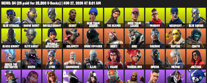 Fortnite account inventory for LVL 2293 - Blue Striker - Rogue Agent - 84 Outfits