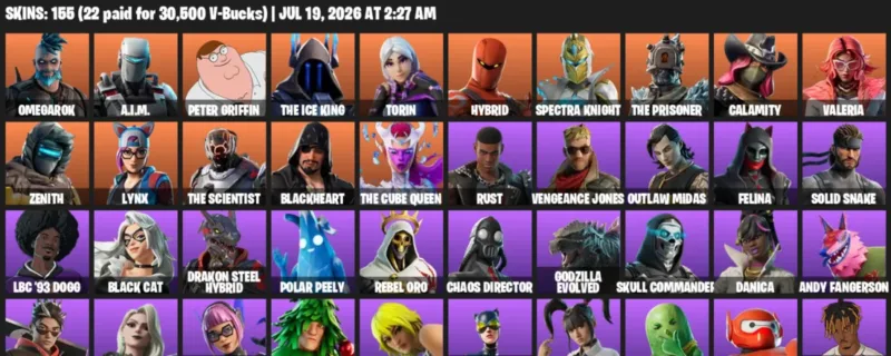 Fortnite Accounts listing: LVL 2365 - Omegarok - A.I.M. - 155 Outfits - 155 outfits
