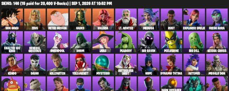 Fortnite account inventory for LVL 1537 - Son Goku - Zeus - 146 Outfits