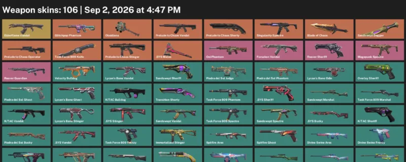 Valorant account inventory for LVL 340 · Blade of Chaos & Sandswept Dagger