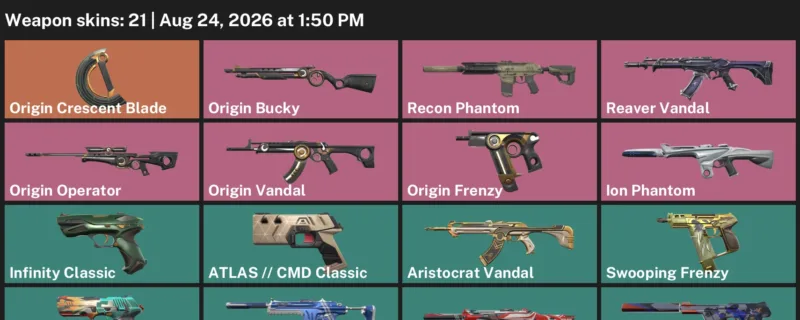 Valorant account inventory for LVL 156 · Ion Phantom & Origin Crescent Blade