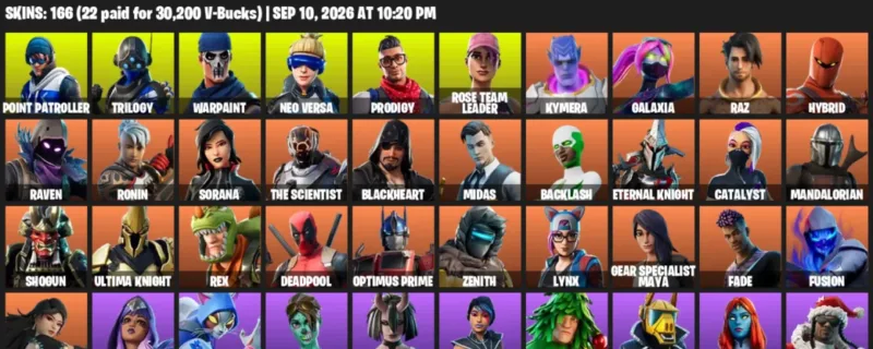Fortnite account inventory for LVL 2259 - Point Patroller - Trilogy - 166 Outfits