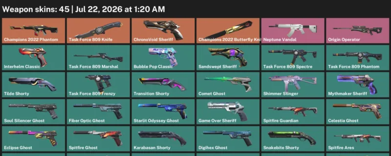 Valorant Accounts listing: LVL 378 · Champions 2022 Butterfly Knife & Task Force 809 Knife · 45 Skins - Gold 1, 45 skins