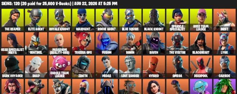 Fortnite account inventory for LVL 1543 - The Reaper - Elite Agent - 120 Outfits