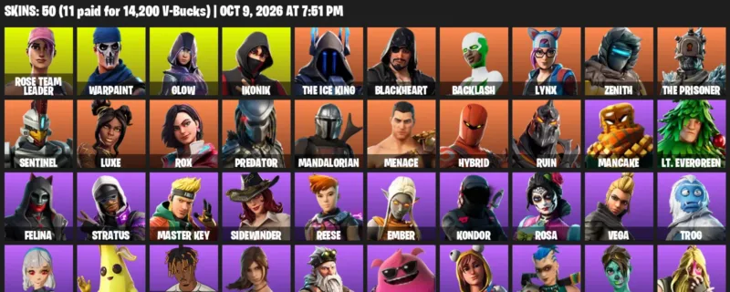 Fortnite account inventory for Rose Team Leader - Warpaint - 50 Outfits