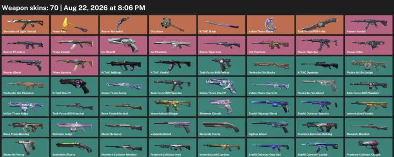 Valorant account inventory for LVL 165 · Reaver Karambit & Tac Blade