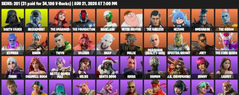 Fortnite account inventory for LVL 3424 - Darth Vader - Breakpoint - 201 Outfits