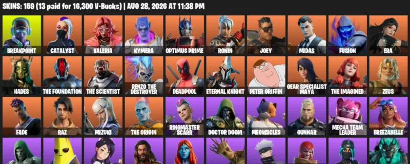 Fortnite account inventory for LVL 3660 - Breakpoint - Catalyst - 159 Outfits