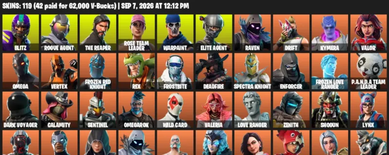 Fortnite account inventory for LVL 831 - Blitz - Rogue Agent - 119 Outfits
