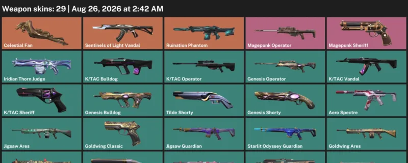 Valorant account inventory for LVL 84 · Celestial Fan & Genesis Operator