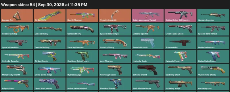 Valorant account inventory for LVL 174 · Striker Knife & Velocity Karambit & 54 Skins Striker Knife