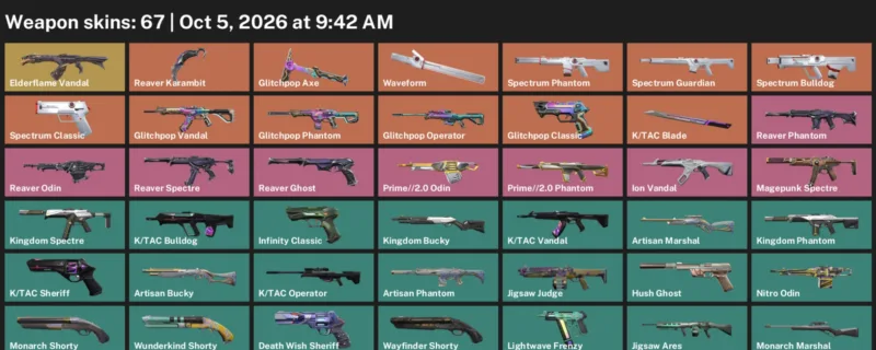Valorant account inventory for LVL 215 · Tac Blade & Reaver Karambit & Exe Vandal
