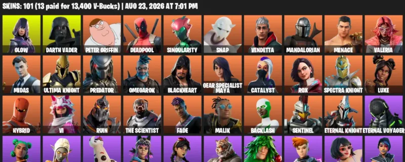 Fortnite account inventory for LVL 2056 - Glow - Darth Vader - 101 Outfits