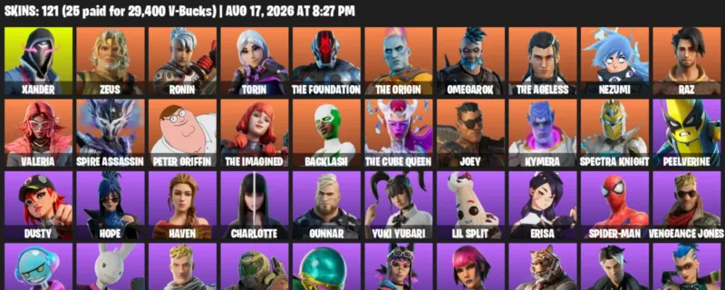 Fortnite account inventory for LVL 2124 - Xander - Zeus - 121 Outfits