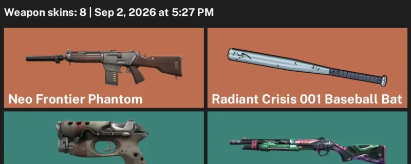 Valorant account inventory for LVL 11 · Neo Frontier Phantom & Radiant Crisis 001 Baseball Bat