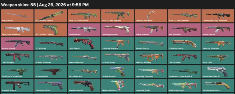 Valorant account inventory for LVL 121 · Velocity Karambit & Sys Vandal