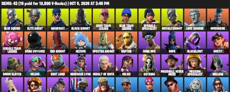 Fortnite account inventory for Blue Squire - Elite Agent - 43 Outfits