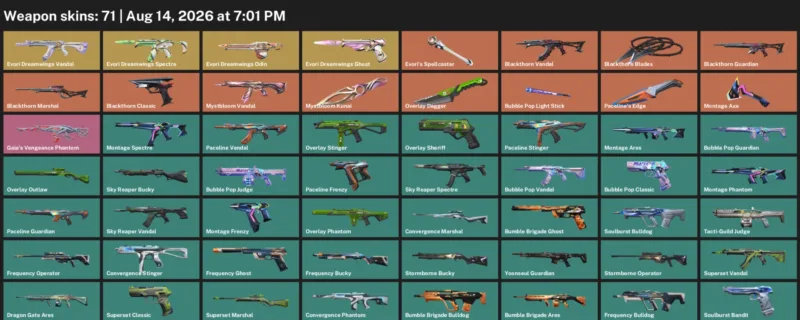 Valorant account inventory for LVL 108 · Overlay Dagger & Blackthorn Vandal