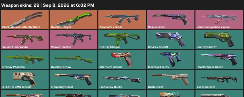Valorant account inventory for LVL 214 · Overlay Dagger & 29 Skins Black.Market Butterfly Knife