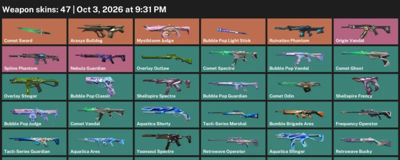 Valorant account inventory for LVL 69 · Araxys Bulldog & Comet Sword