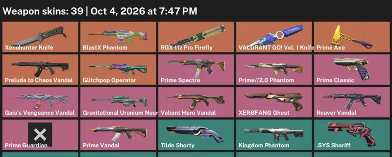Valorant account inventory for LVL 133 · Xenohunter Knife & 39 Skins Valorant GO! Vol. 1 Knife