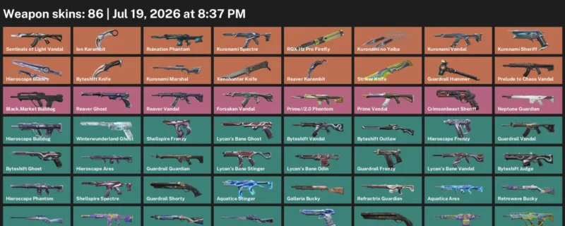 Valorant Accounts listing: LVL 141 · Byteshift Knife & Ion Karambit · 86 Skins - Platinum 3, 86 skins