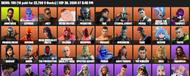 Fortnite account inventory for John Wick - Kymera - 120 Outfits