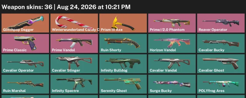 Valorant account inventory for LVL 31 · Glitchpop Dagger & Aerosol Operator