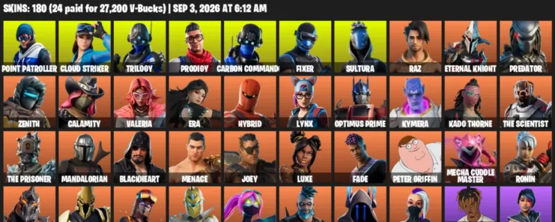 Fortnite account inventory for LVL 3053 - Point Patroller - Cloud Striker - 180 Outfits
