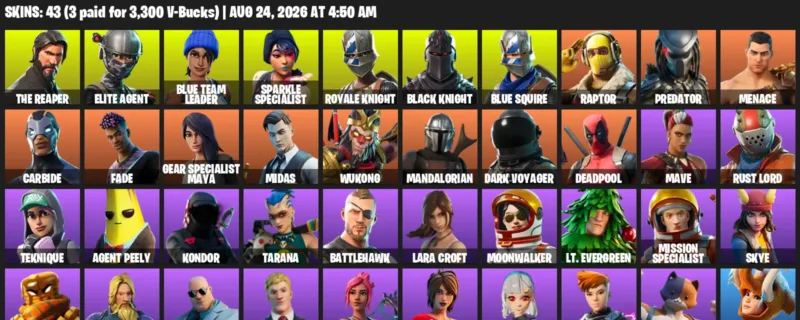 Fortnite account inventory for LVL 1001 - The Reaper - Elite Agent - 43 Outfits