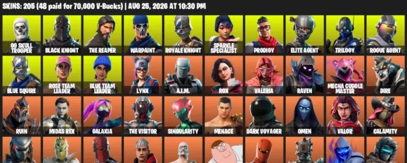 Fortnite account inventory for LVL 1904 - OG Skull Trooper - Black Knight - 205 Outfits