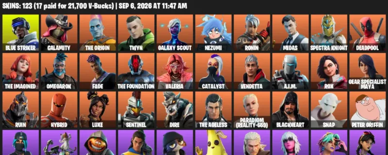 Fortnite account inventory for LVL 2075 - Blue Striker - Calamity - 123 Outfits