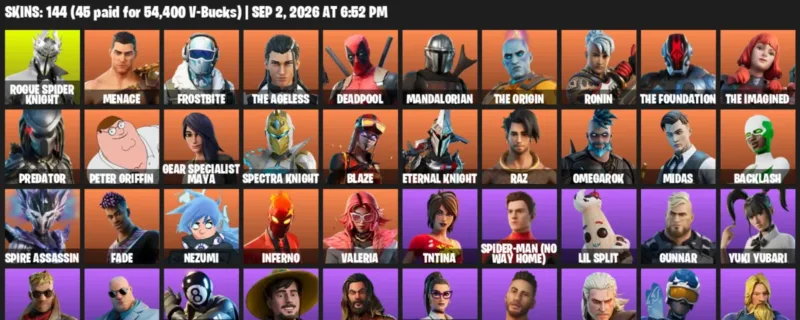 Fortnite account inventory for LVL 2531 - Rogue Spider Knight - Menace - 144 Outfits