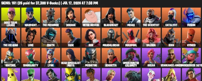 Fortnite Accounts listing: LVL 1917 - Rose Team Leader - Warpaint - 151 Outfits - 151 outfits